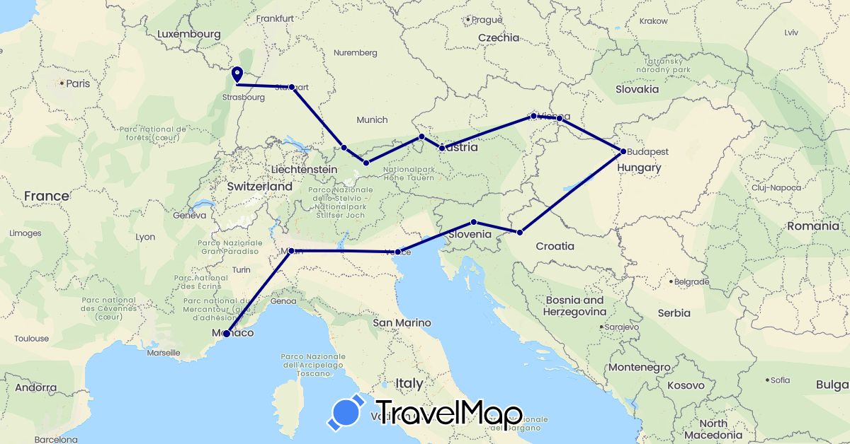 TravelMap itinerary: driving in Austria, Germany, France, Croatia, Hungary, Italy, Slovenia, Slovakia (Europe)
